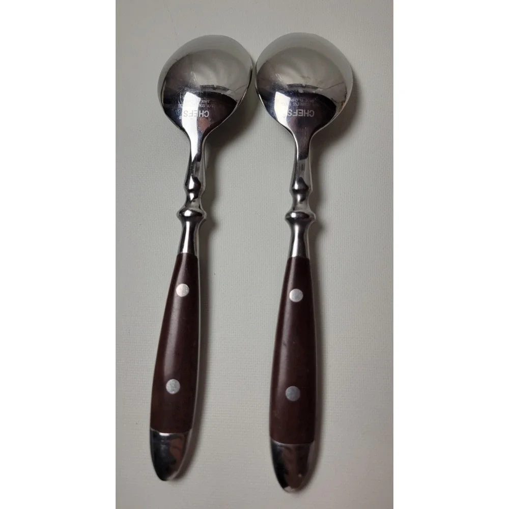 2 Chefs Bistro Place Oval Soup Spoons Woodgrain Brown 18/8 Stainless Steel 7.75
